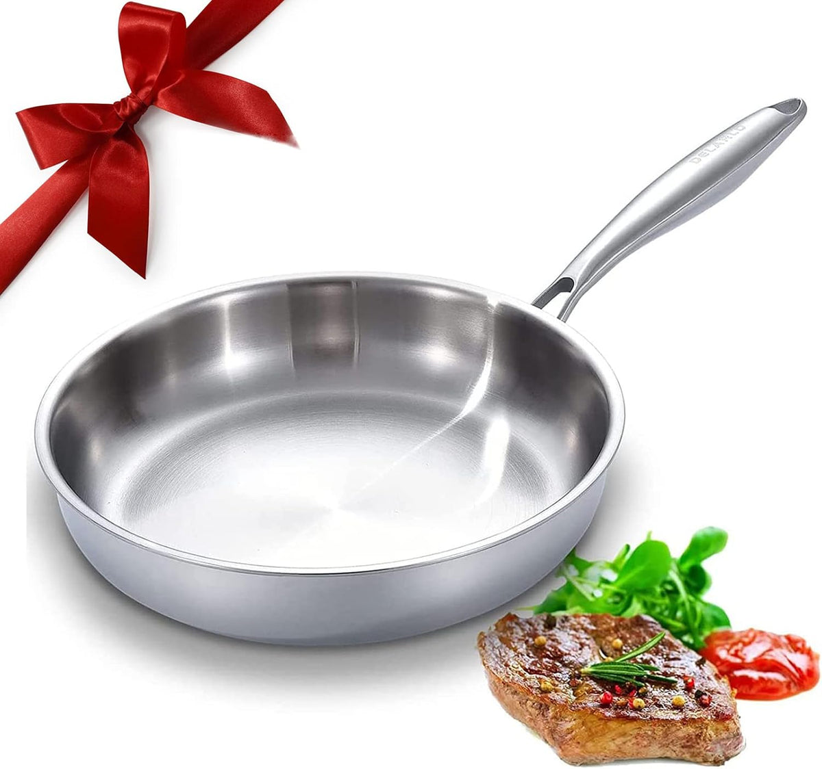 DELARLO tri-ply stainless steel pan front view