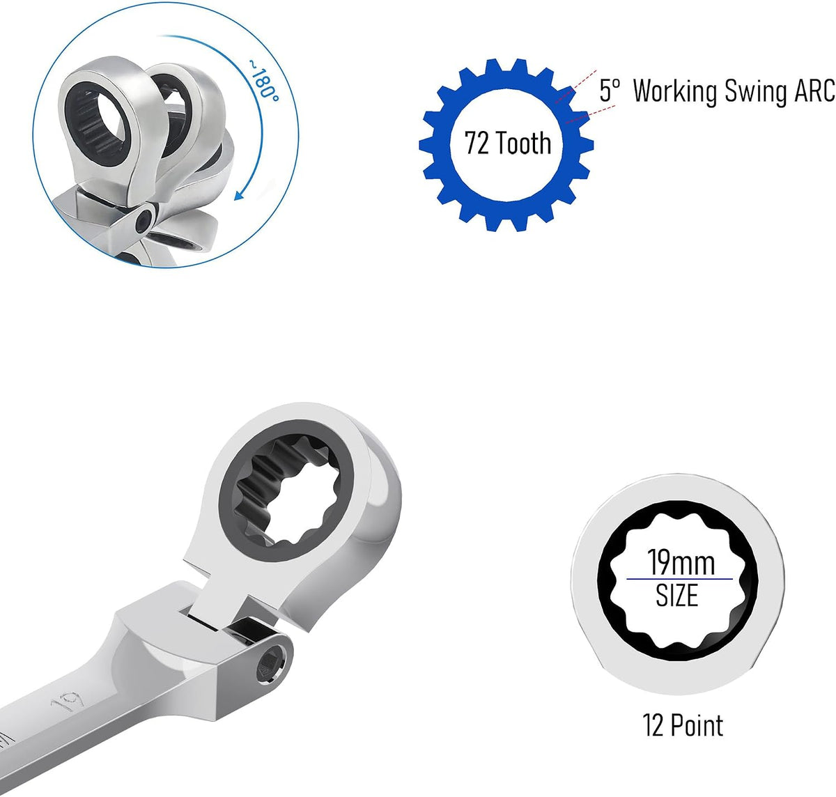 FOCMKEAS 19mm metric wrench 72 tooth box end detail
