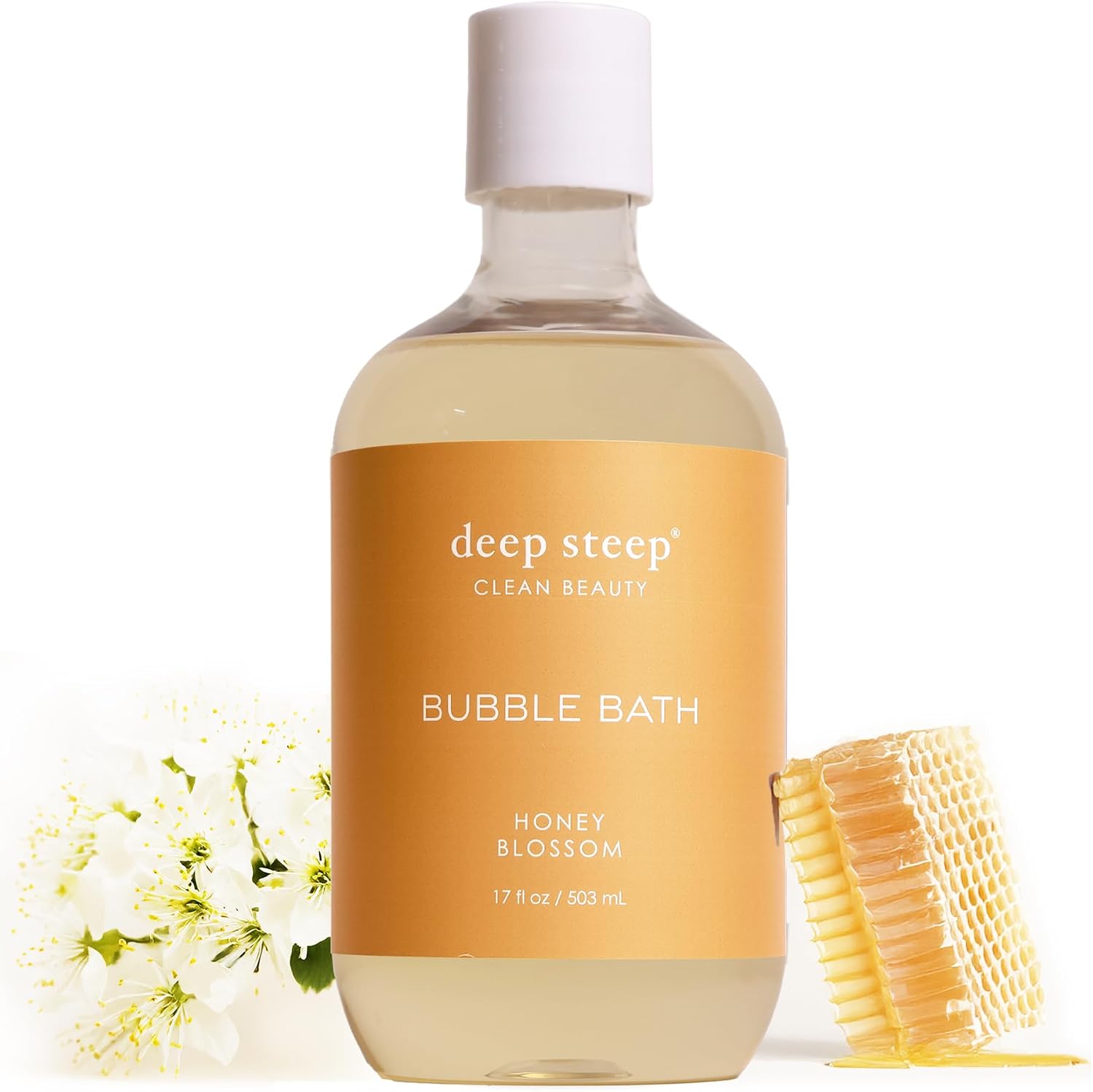 Deep Steep Honey Blossom bubble bath front view in 17 fluid ounces bottle