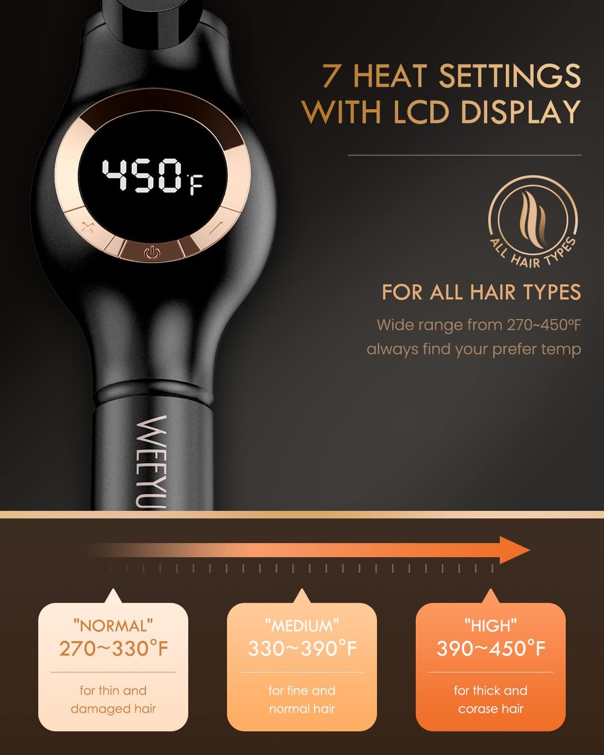WEEYUM curling iron ergonomic handle and rose gold accents