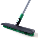Eyliden floor scrub brush front view featuring fifteen inch wide green bristles and black handle.