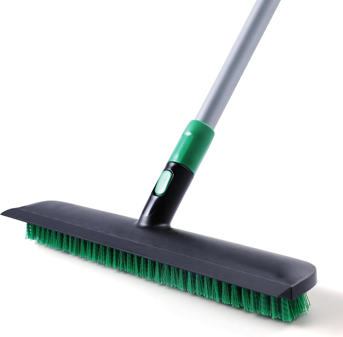 Eyliden floor scrub brush front view featuring fifteen inch wide green bristles and black handle.
