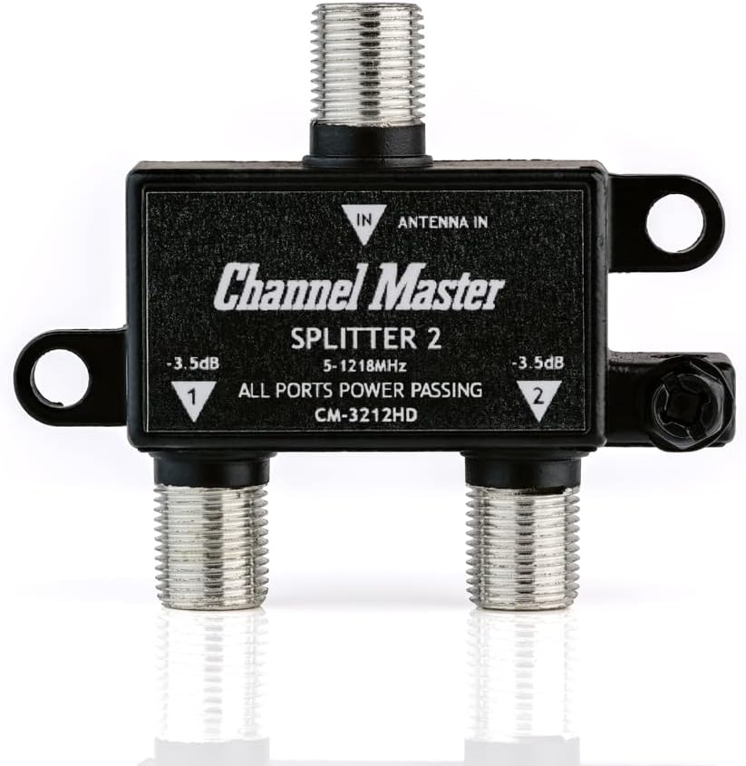 Channel Master 2-Way Splitter CM-3212HD front view showing single input and dual output coaxial ports.