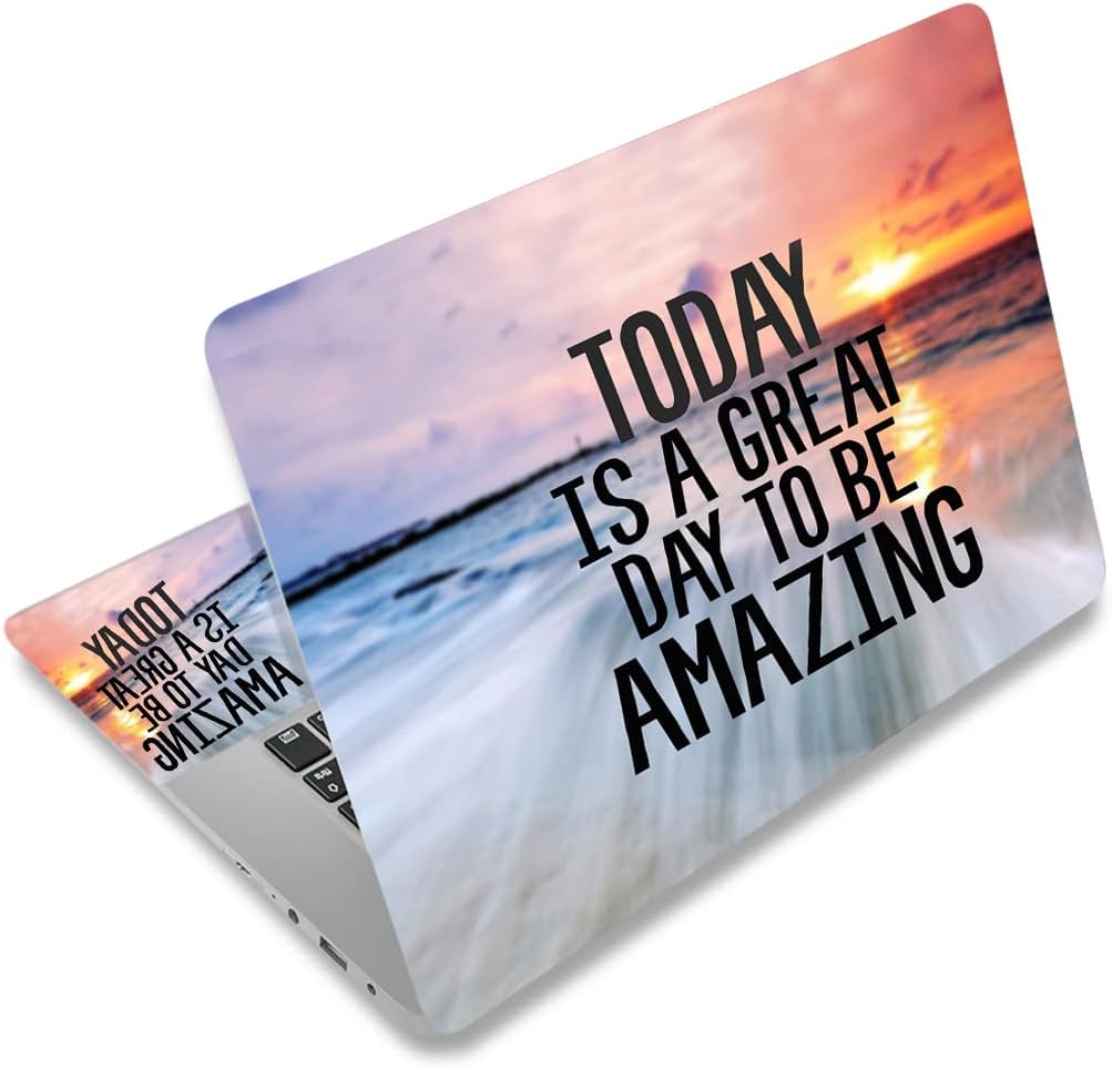 Newplenty universal vinyl laptop skin sticker front view displaying orange and gray motivational beach graphic on a closed notebook.