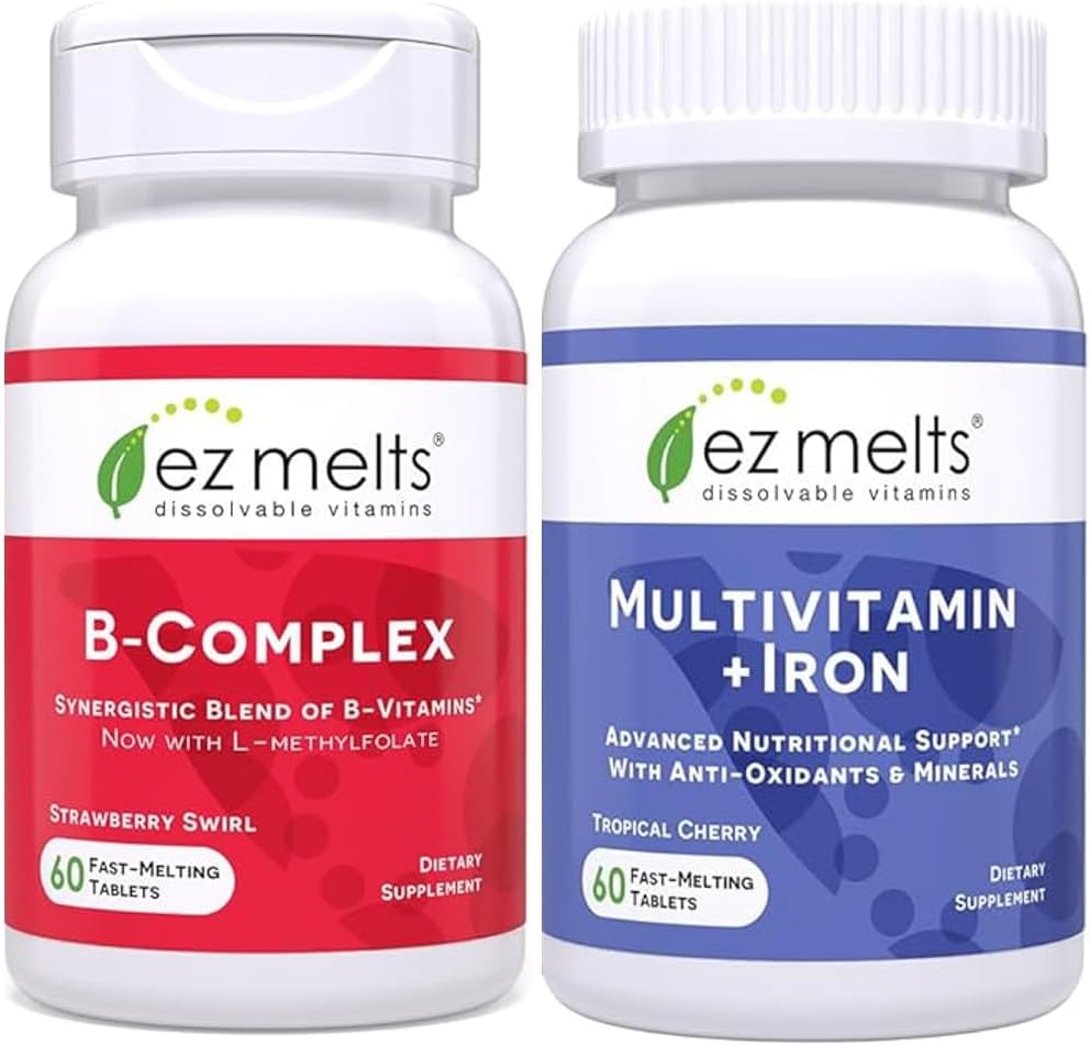 EZ Melts Vitamin B Complex and Multivitamin bottles front view for daily health