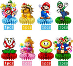 Close up of 8 piece Mario honeycomb party decorations set