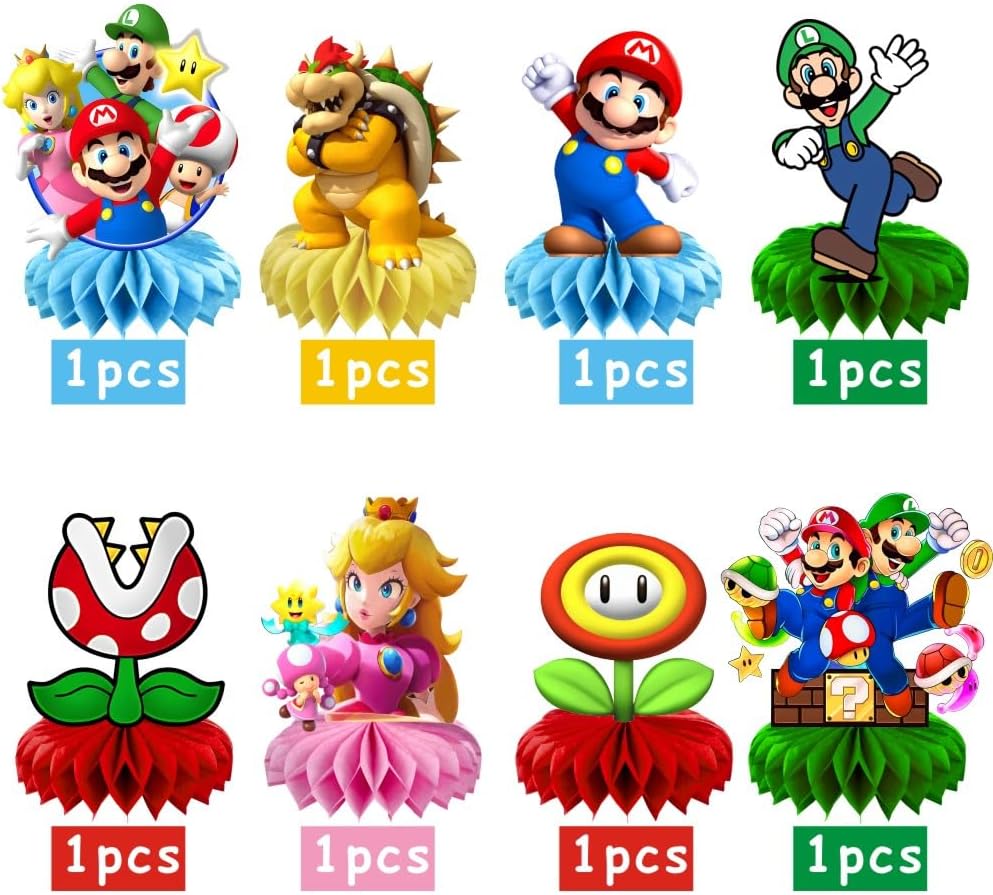 Close up of 8 piece Mario honeycomb party decorations set