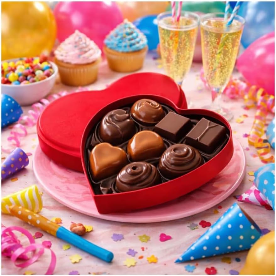 Five piece chocolate assortment including caramels and truffles inside the heart package.
