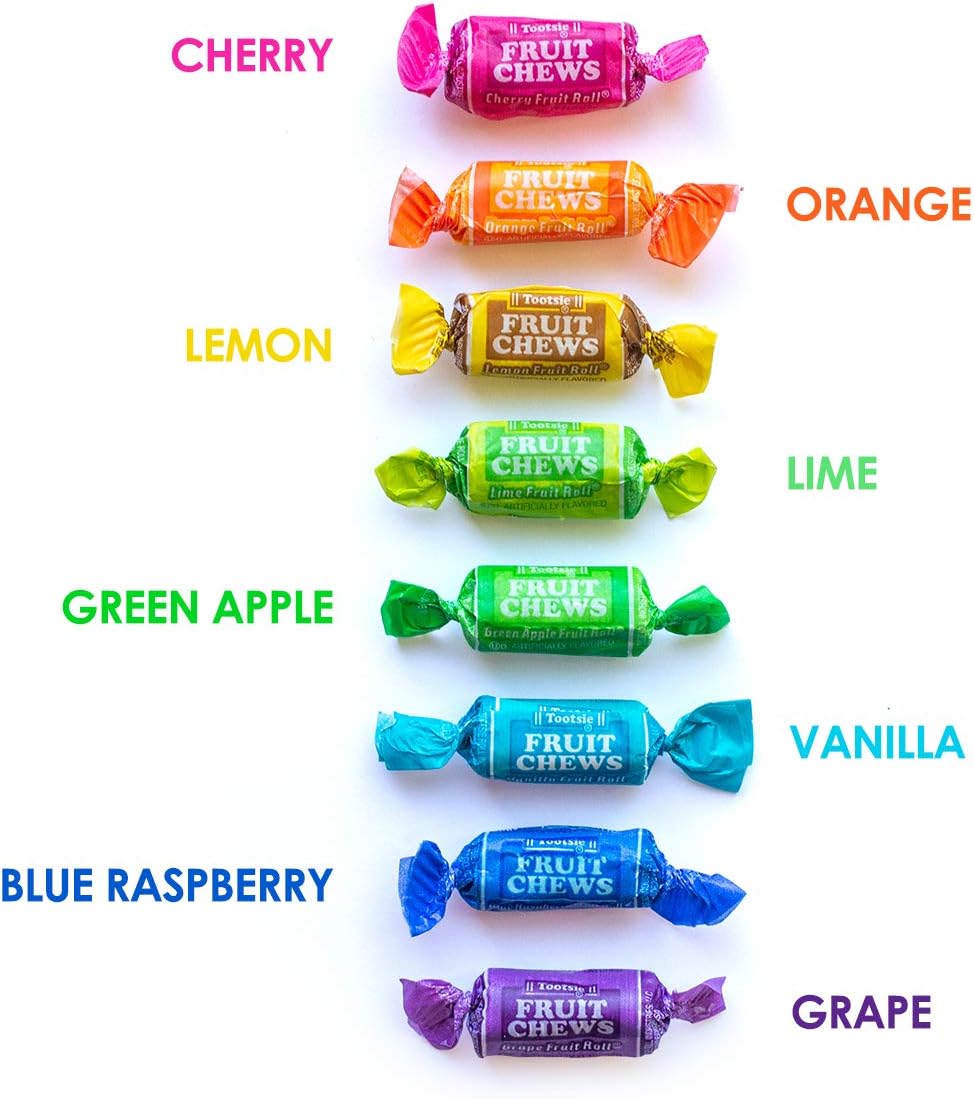 Tootsie Roll Fruit Chews gluten free and peanut free allergen info on back pack