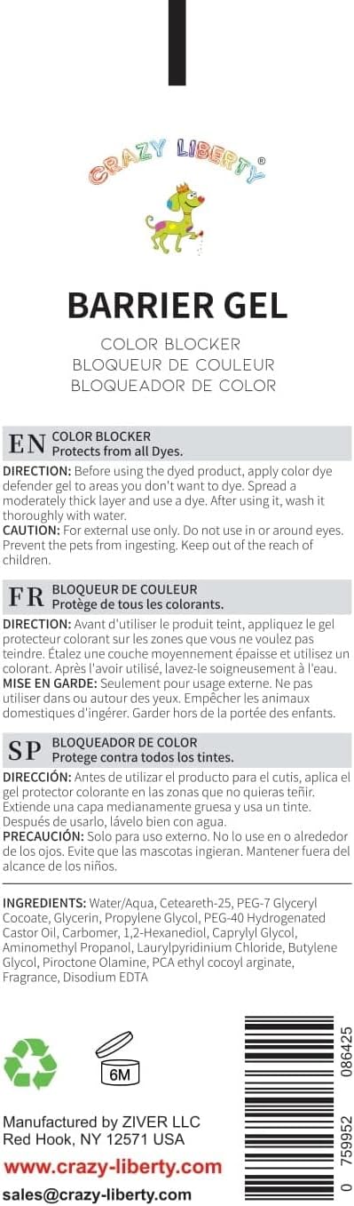 Crazy Liberty pet protective color blocker gel usage details and directions label