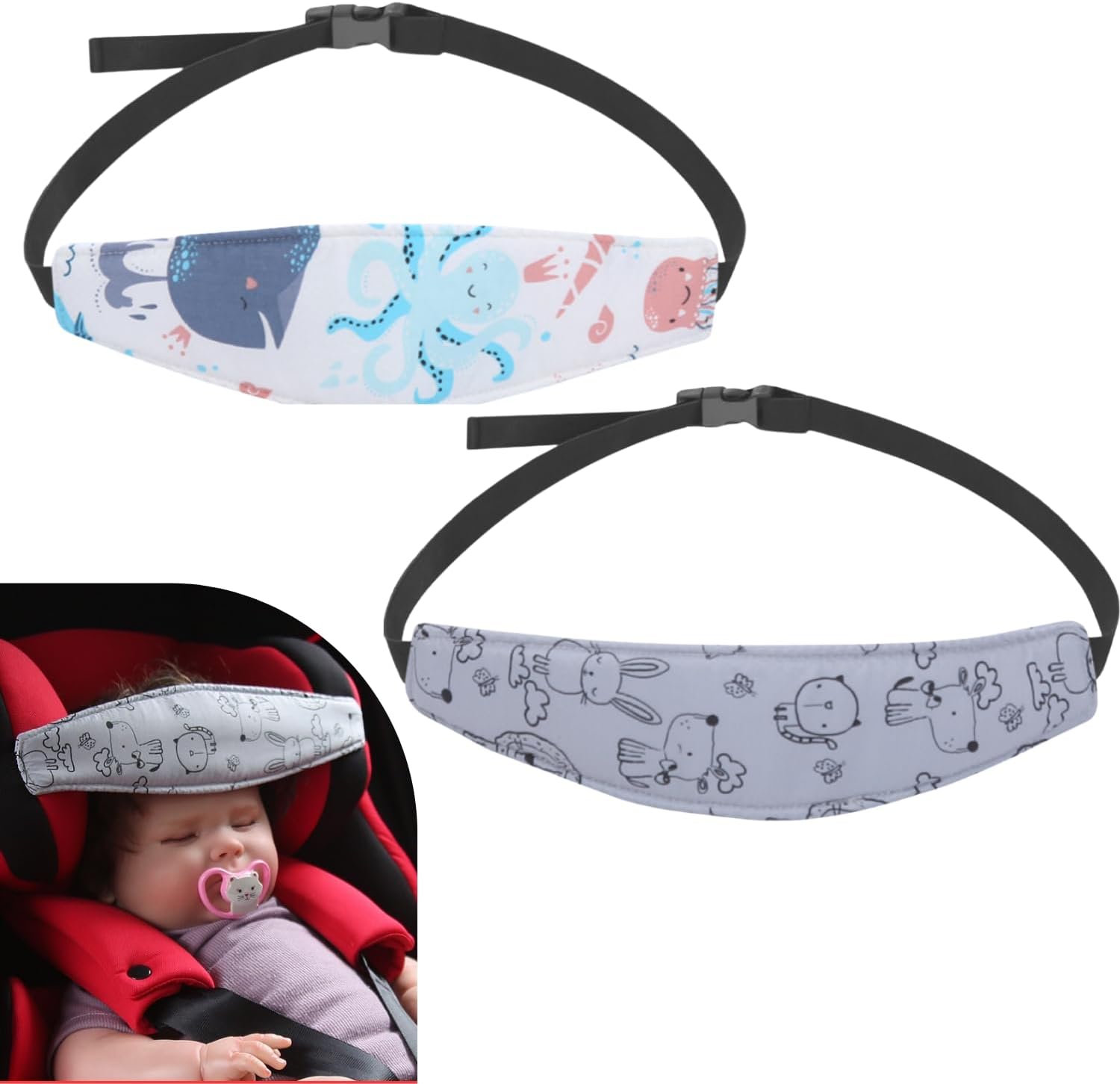 PandaEar Baby Head Support For Car Seat front view of 2 pack featuring colorful cartoon patterns