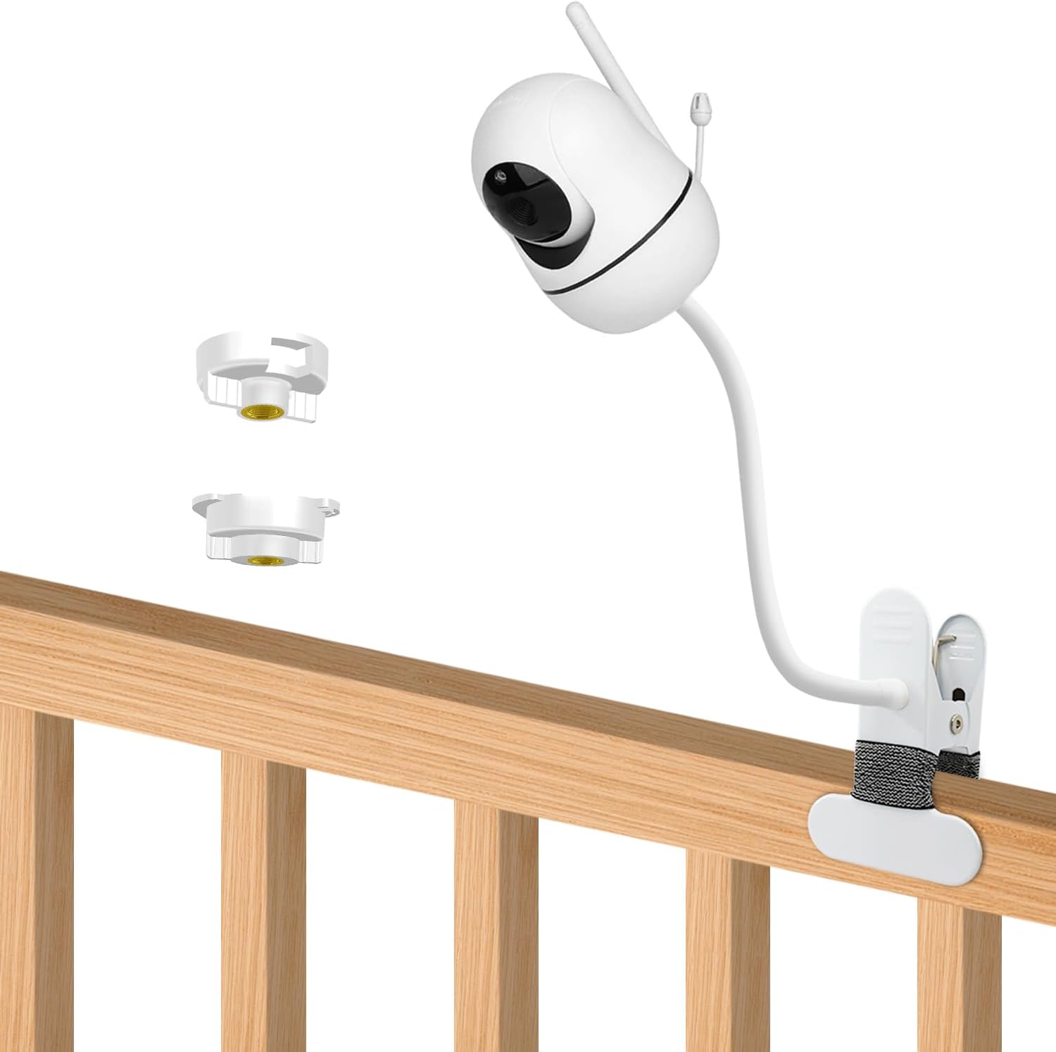 AOZTSUN baby monitor mount front view showing the flexible white gooseneck arm attached to a wooden crib rail.