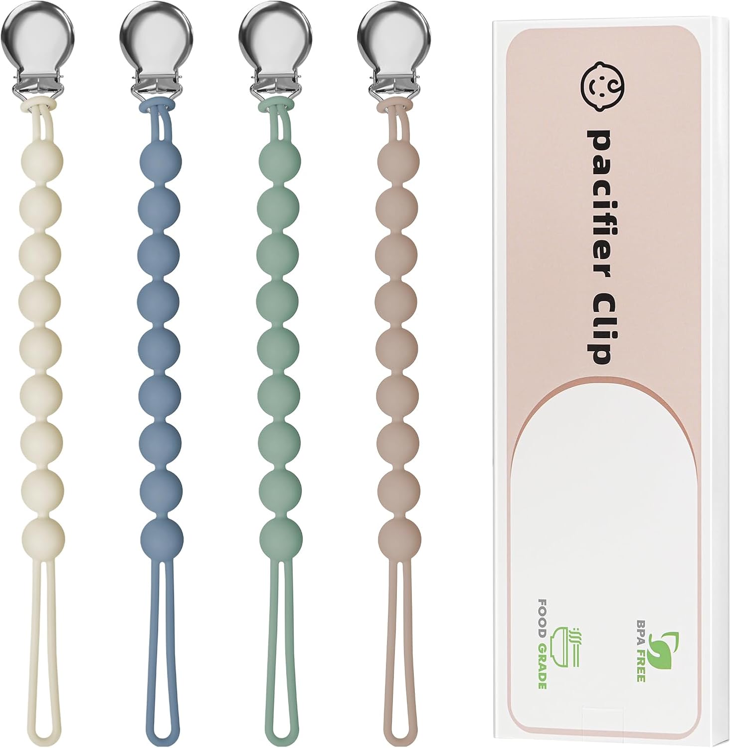 Loviomad silicone pacifier clips four pack front view in pastel shades