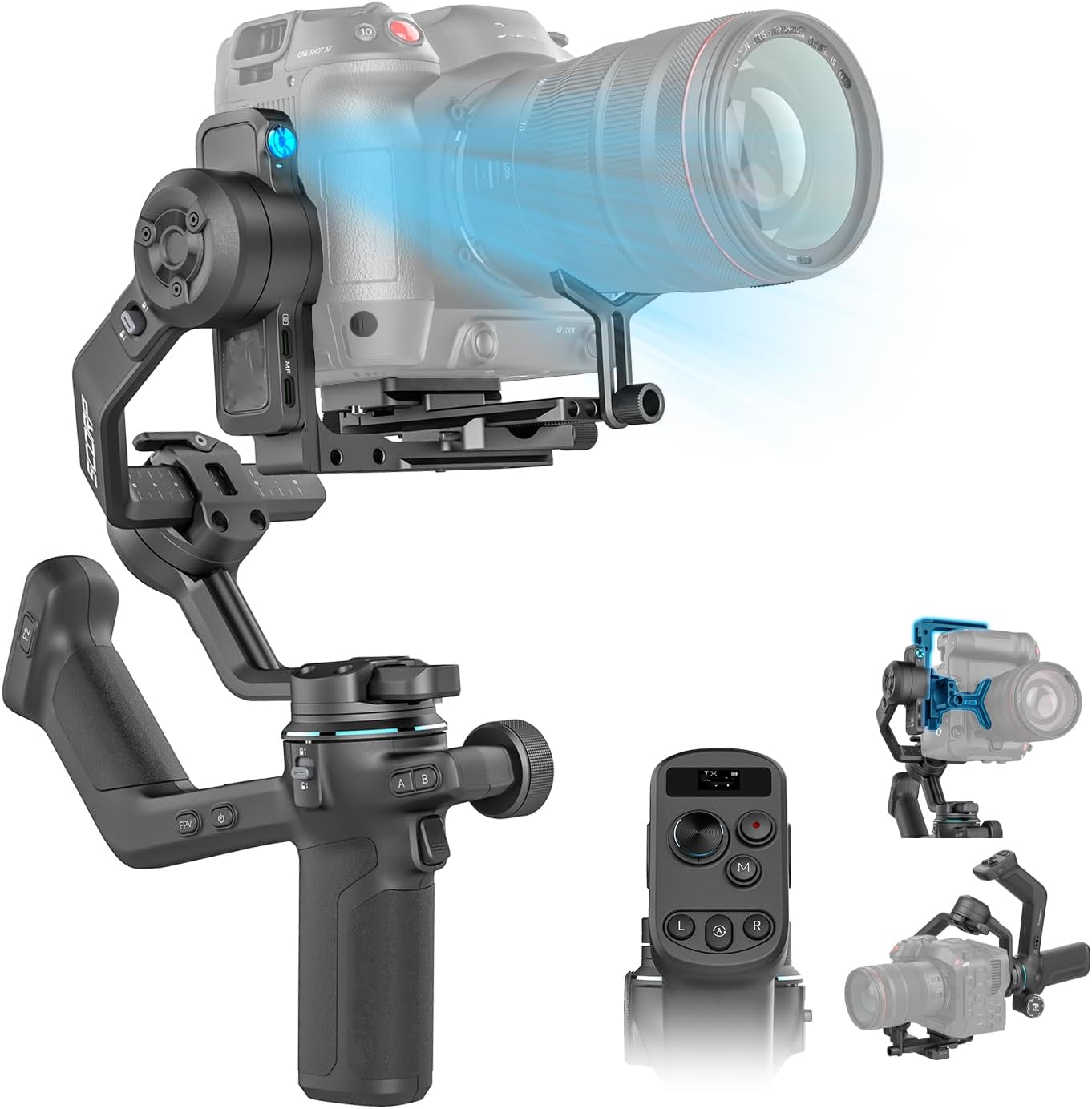 FeiyuTech SCORP-C2 AI camera gimbal front view showcasing the 3 axis stabilization arms and ergonomic handle.