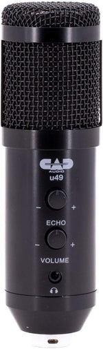 CAD Audio U49 studio microphone front view with desk stand