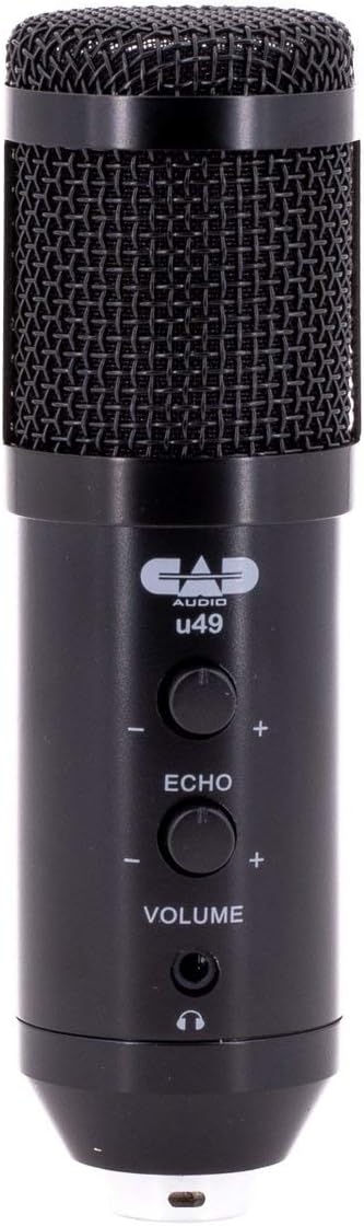 CAD Audio U49 studio microphone front view with desk stand