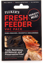 Fluker's Fresh Feeder Vac Pack Variety Mix front view of the reptile insect food packaging.