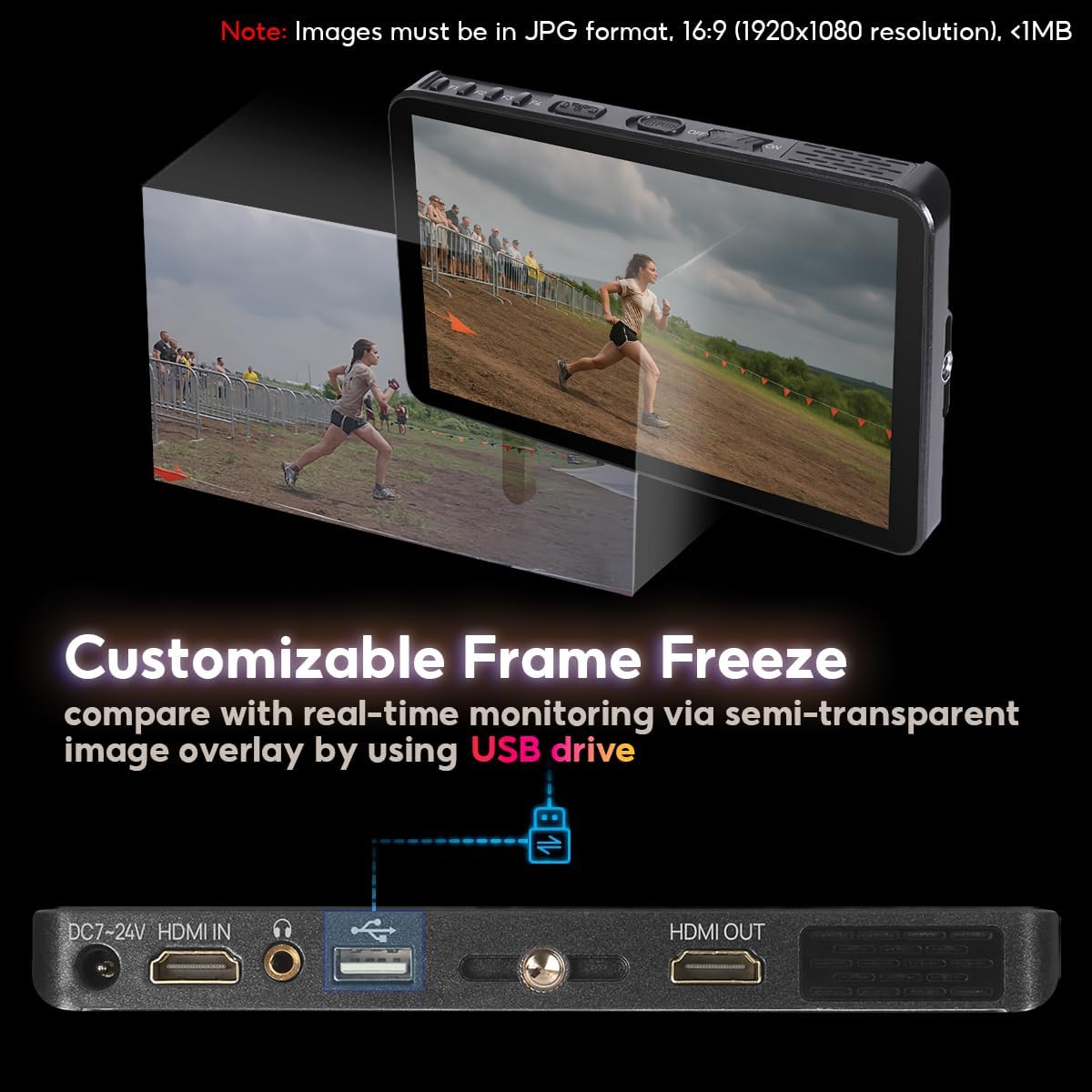Portkeys LH7H display showing 3D LUT color grading interface