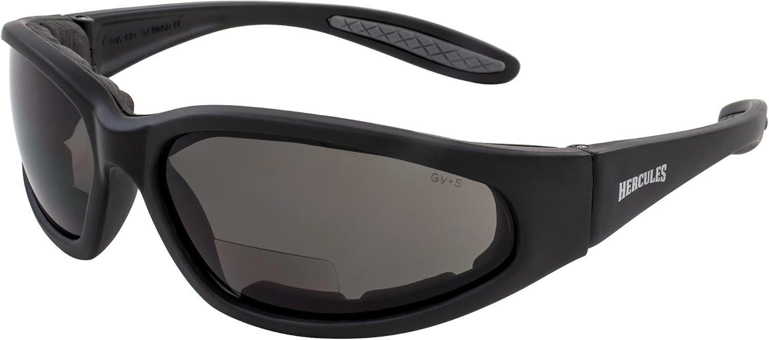 Global Vision Hercules padded motorcycle sunglasses front view showcasing the matte black frame and smoke lenses.