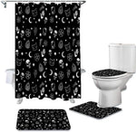 ZGDPBYF gothic witch skull four piece bathroom set front view featuring black celestial shower curtain and matching floor mats.