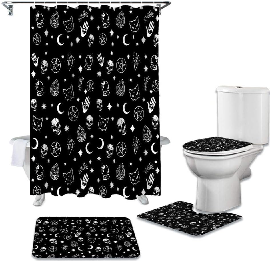 ZGDPBYF gothic witch skull four piece bathroom set front view featuring black celestial shower curtain and matching floor mats.