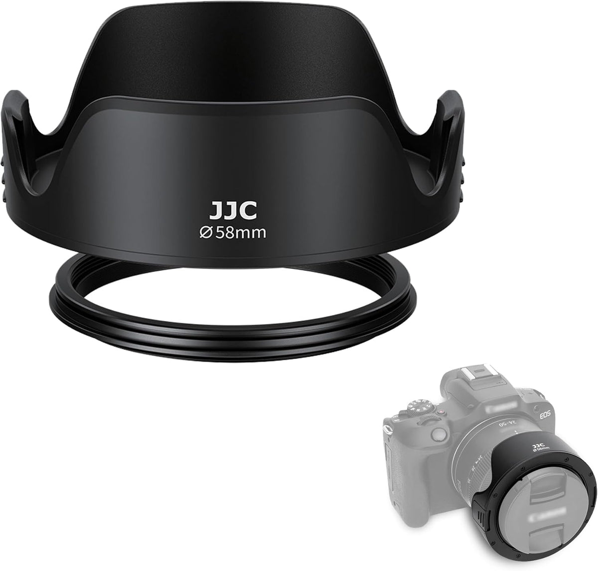 JJC 58mm Tulip Flower Lens Hood front view attached to camera lens
