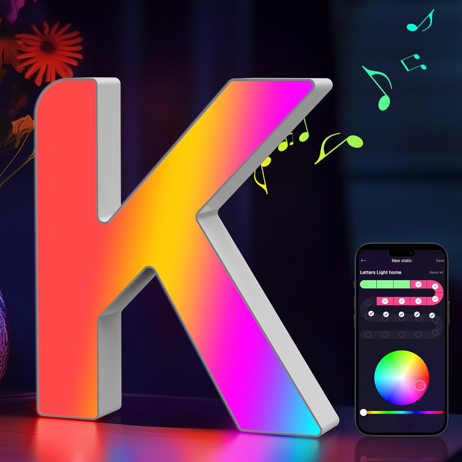 Coplsdors Light Up Marquee Letter front view showcasing vibrant RGB color changing LED illumination for modern bedroom decoration.
