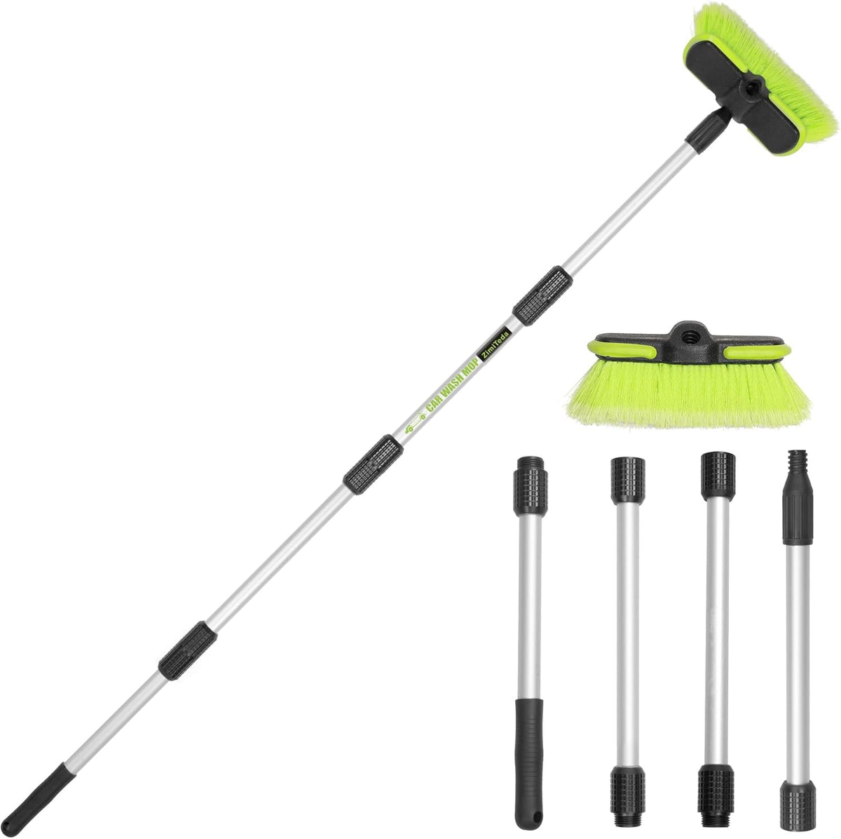 ZimiTeda long handle car wash brush front view showing green soft bristles for scratch free cleaning