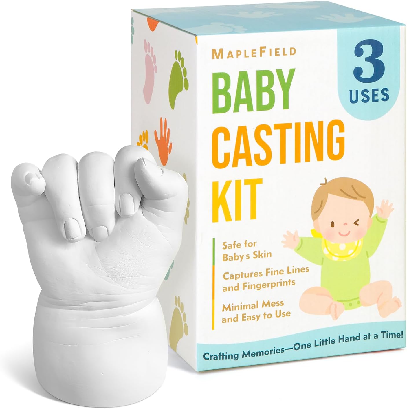 Maplefield 3D Baby Casting Kit front view showing packaging and included molding powder packs.