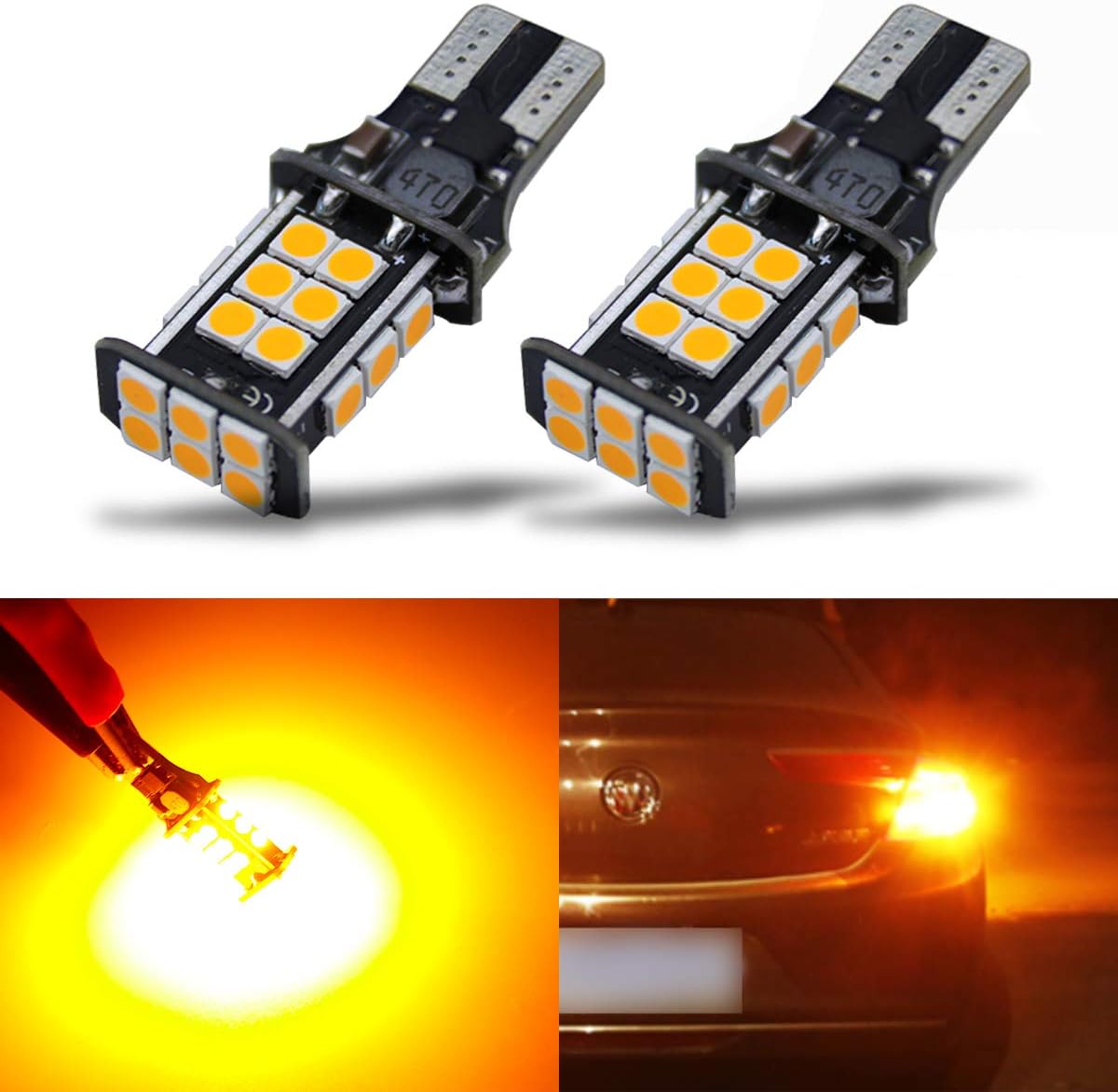 iBrightstar T15 921 LED bulbs amber yellow pack front view showcasing the 3030 chipset.