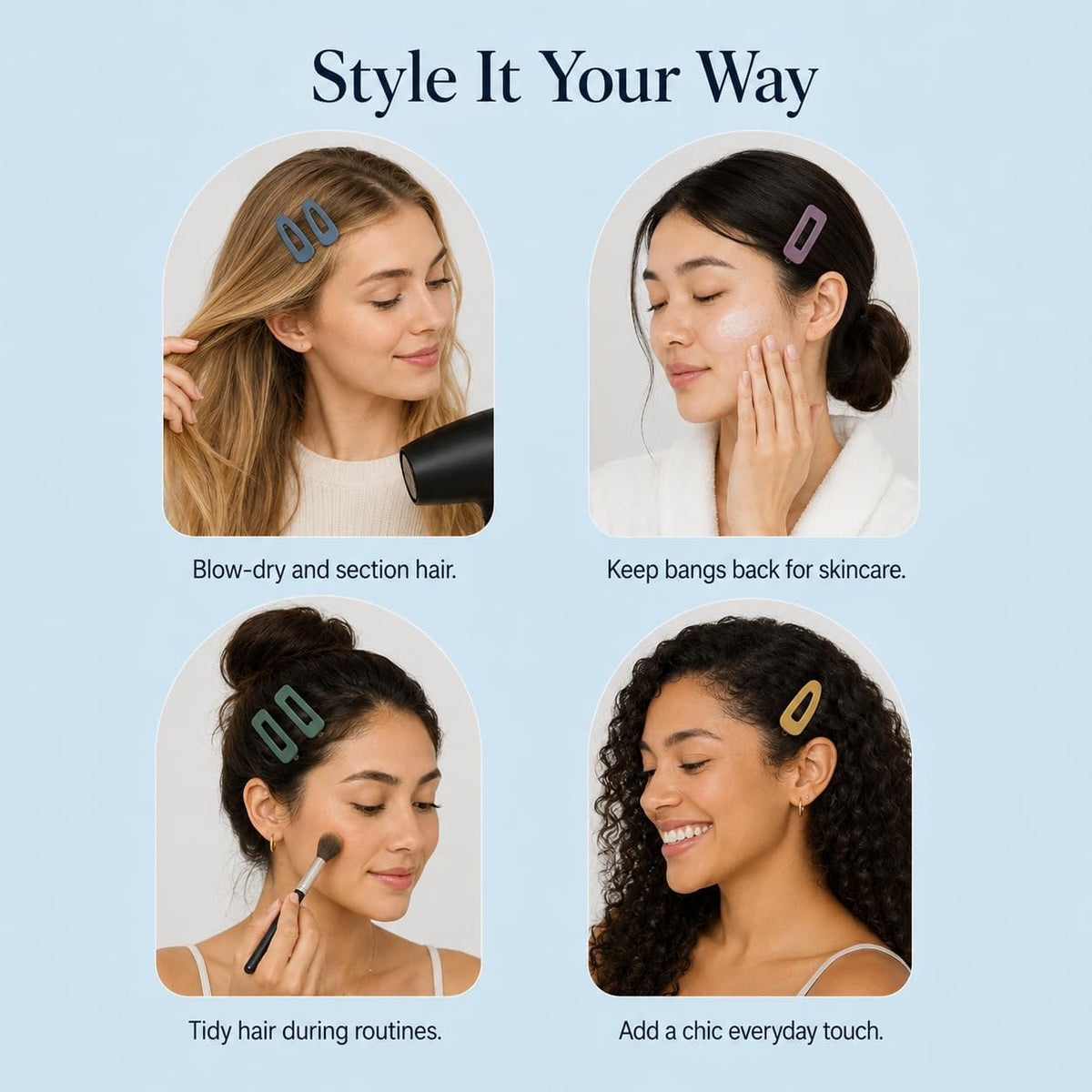 Packaged set of small rectangle hair barrettes for women.