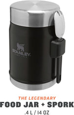 Stanley vacuum insulated food flask showing the integrated side spork attachment.