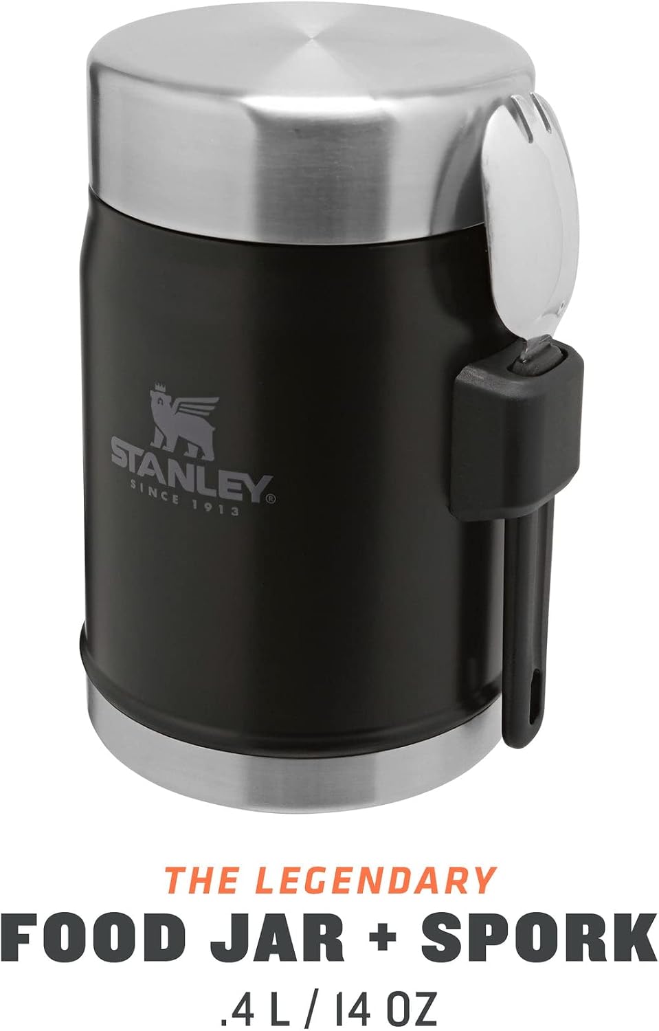 Stanley vacuum insulated food flask showing the integrated side spork attachment.