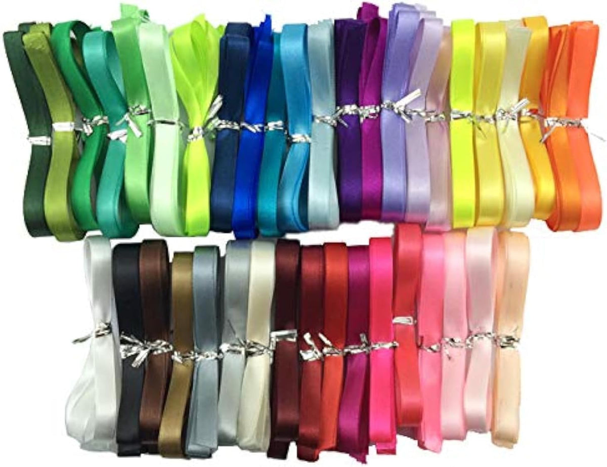 Close up of 1 inch polyester satin ribbon rolls for DIY crafts