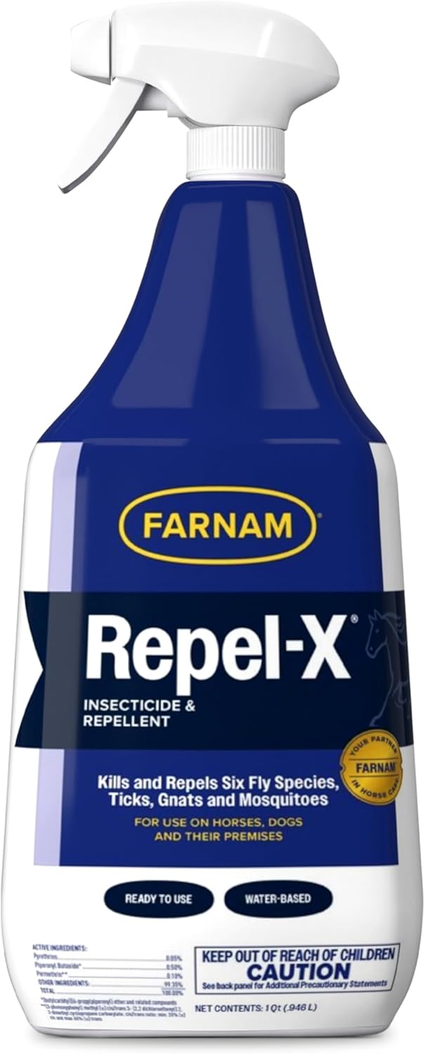 Farnam Repel-X Ready To Use Fly Spray 32 Fluid Ounce front view bottle showcasing the brand logo and equine imagery