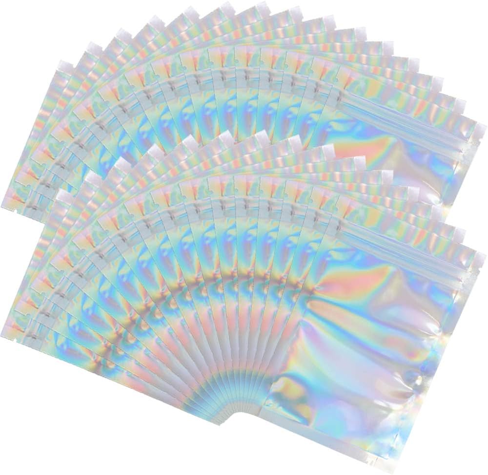 NKLEI Mylar Holographic Resealable Bags front view showing iridescent rainbow finish and clear window.