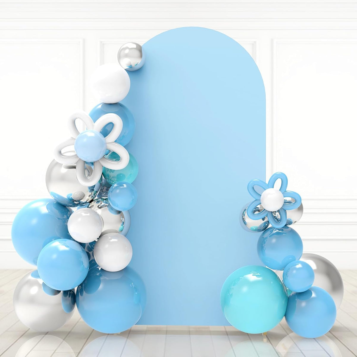 Babenest baby blue wedding arch cover fitted front view on a Chiara stand
