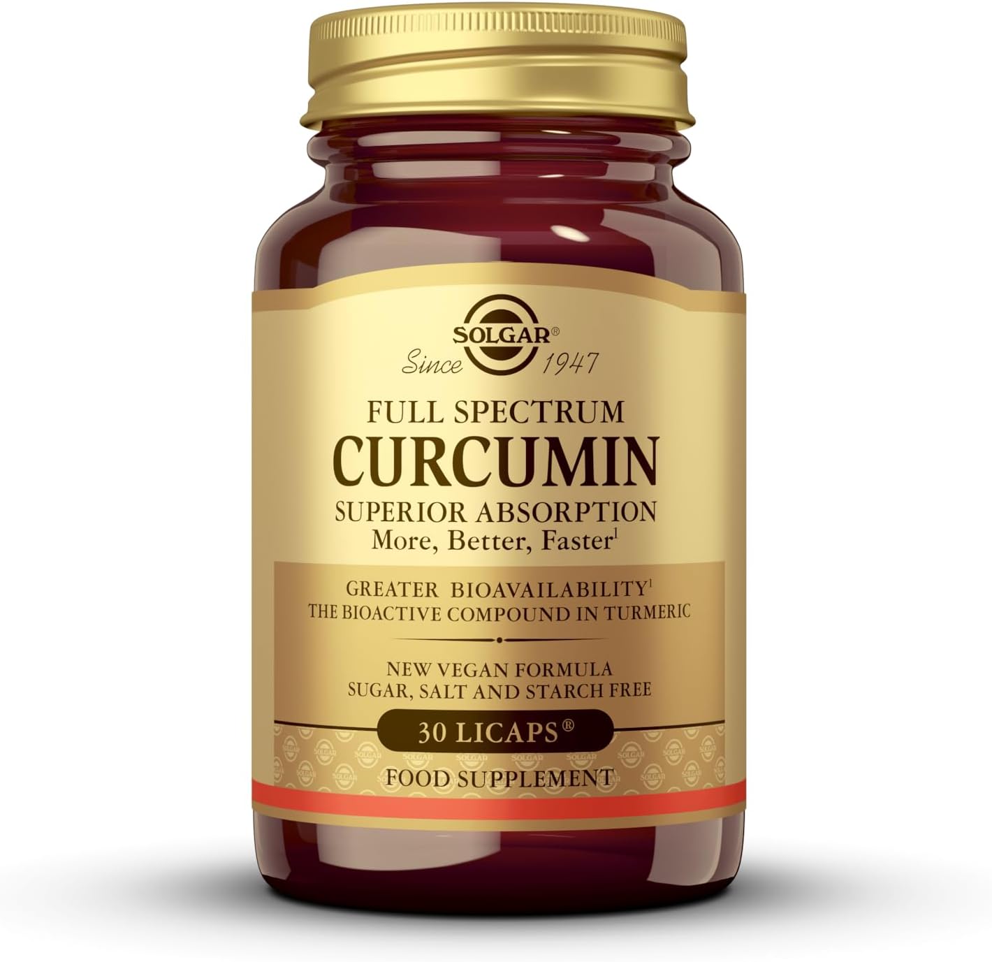 Solgar Full Spectrum Curcumin front view bottle packaging with liquid extract softgels supplement