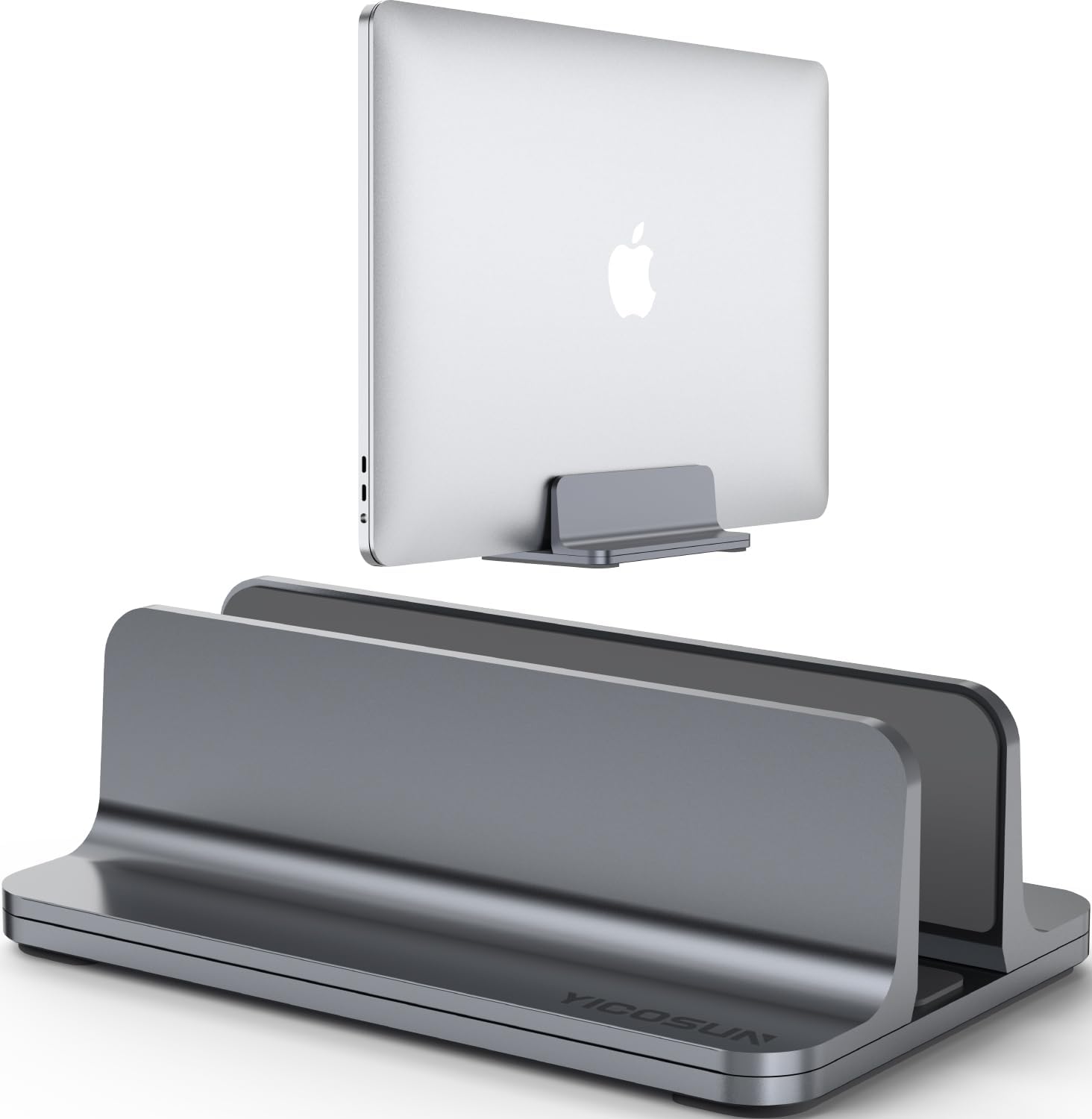 SCTOPAE aluminum vertical laptop stand front view holding a laptop on a gray desk setup.