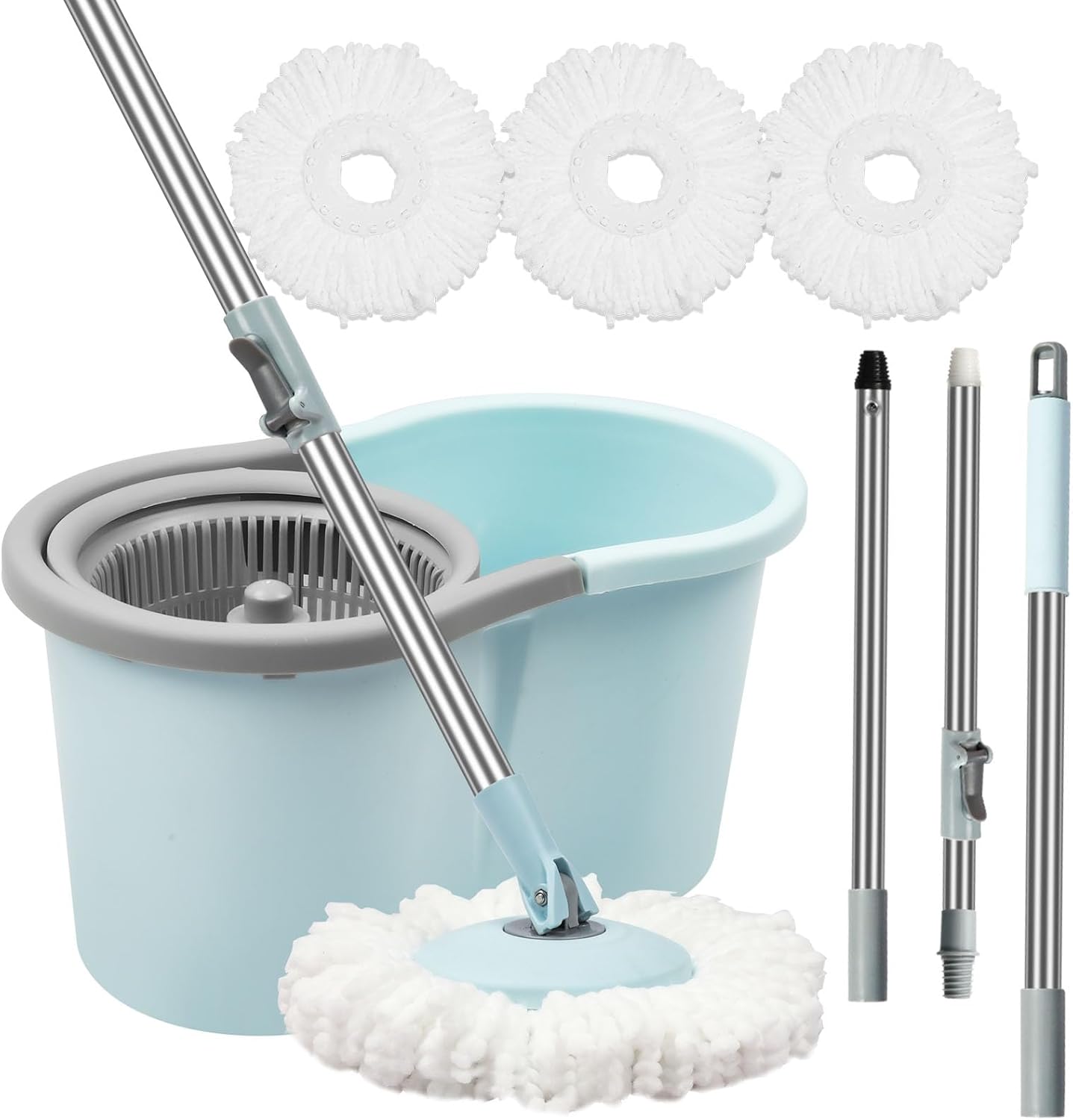 Gzdisbek Spin Mop and Bucket Set front view with blue bucket and stainless steel wringer.