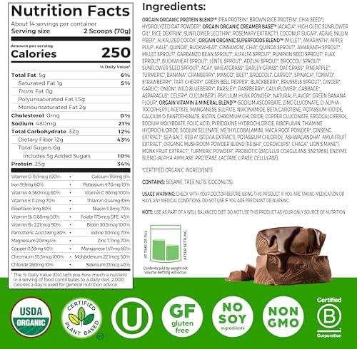 Orgain Perfect Meal Chocolate Protein Powder Supplement Facts Label