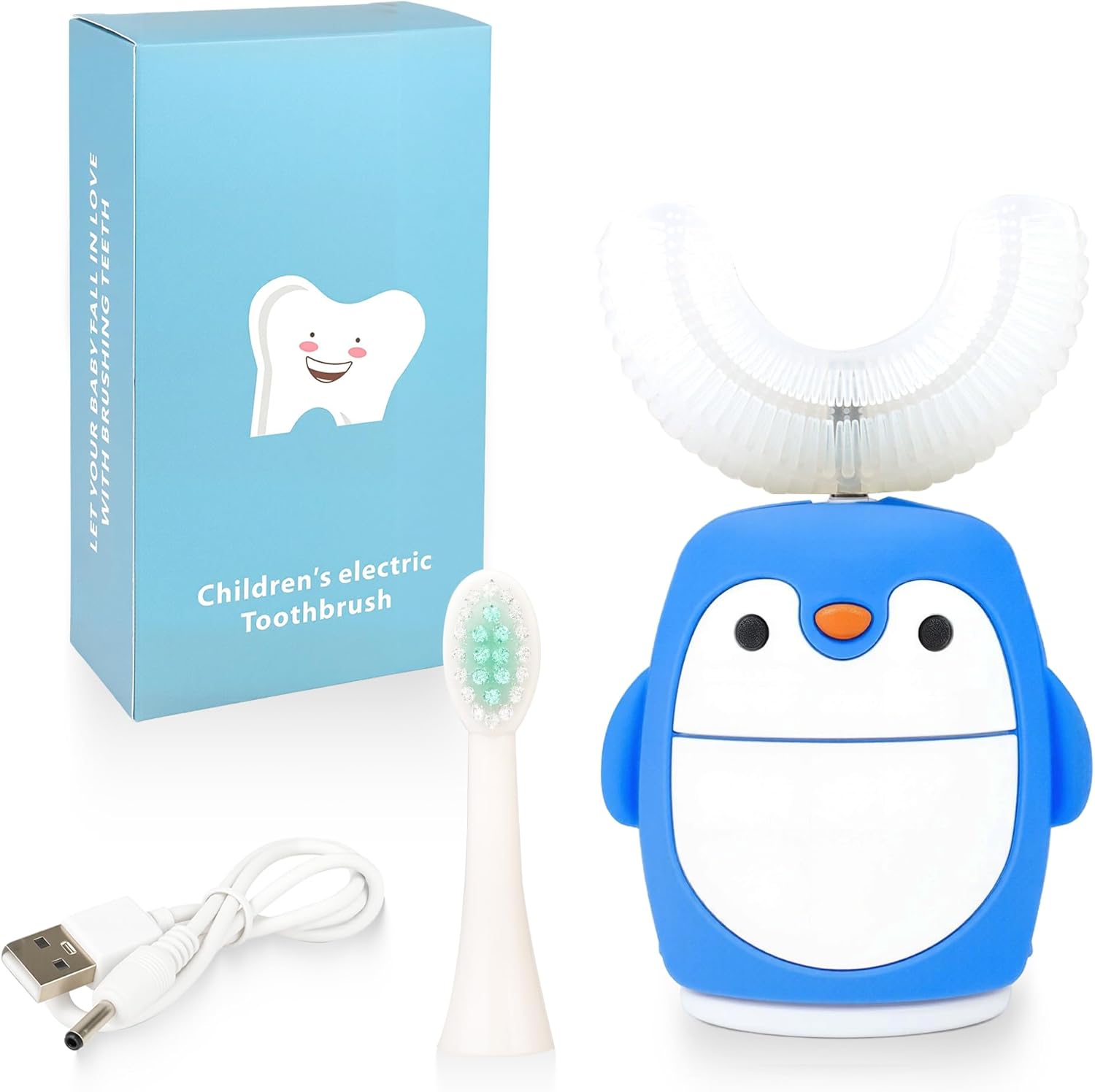 Kids Sonic Electric Toothbrush U Shaped Automatic Timer IPX7 Waterproof 5 Modes 360° Oral Cleaning Teeth Whitening Gums Massage Replaceable Soft Cartoon for 7-15 (Blue Penguin) - Image 1