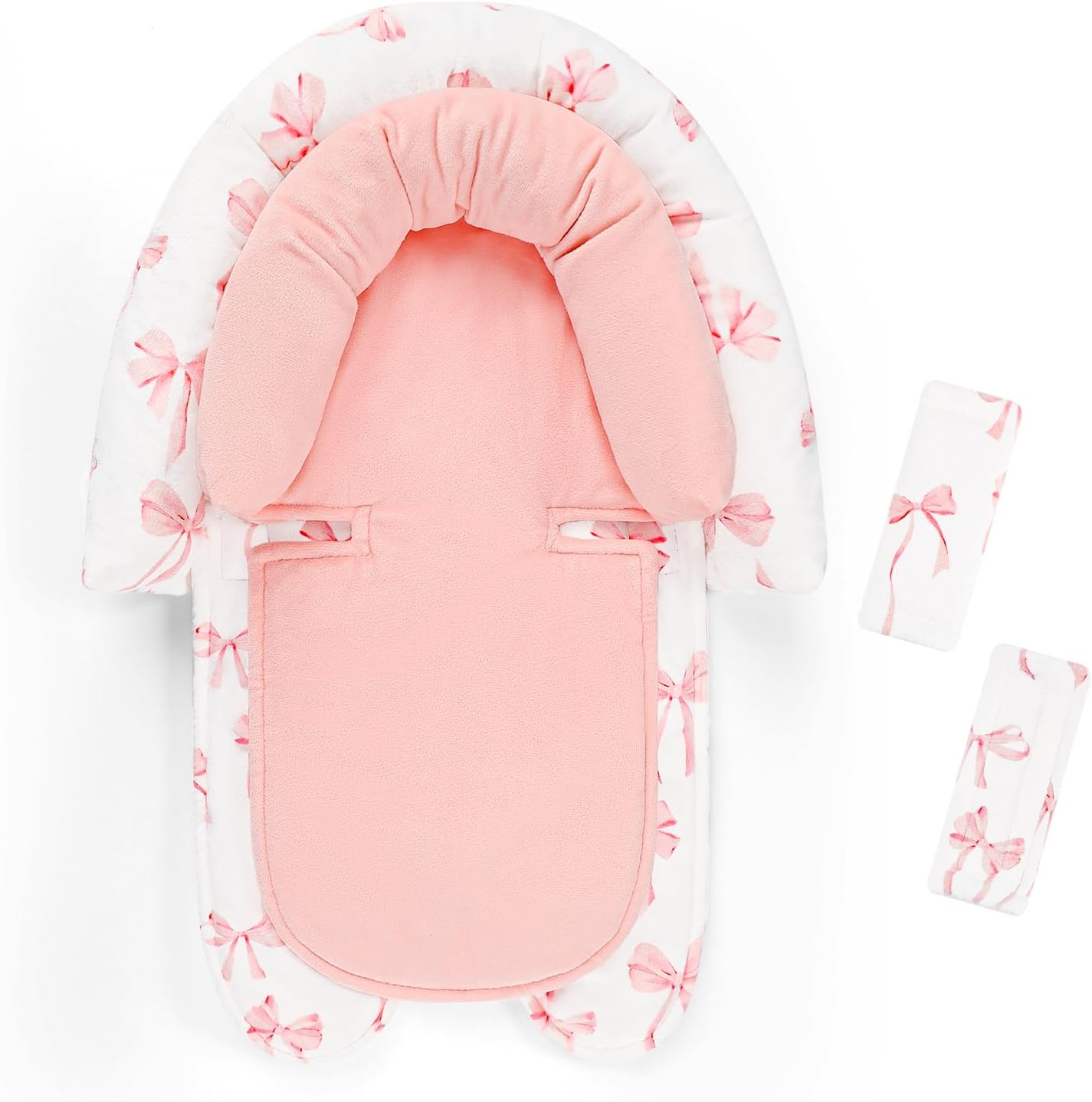 Dayeeball infant car seat insert with two strap pads in pink bow pattern front view