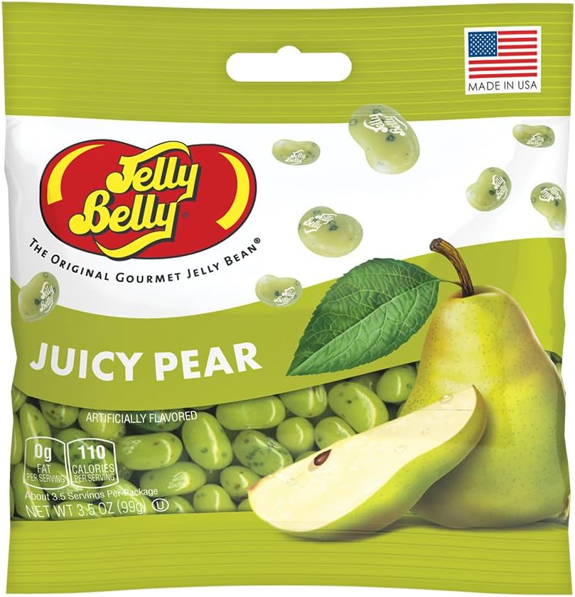 Jelly Belly Juicy Pear Gourmet Jelly Beans 3.5 Ounce front view of the imported candy bag.