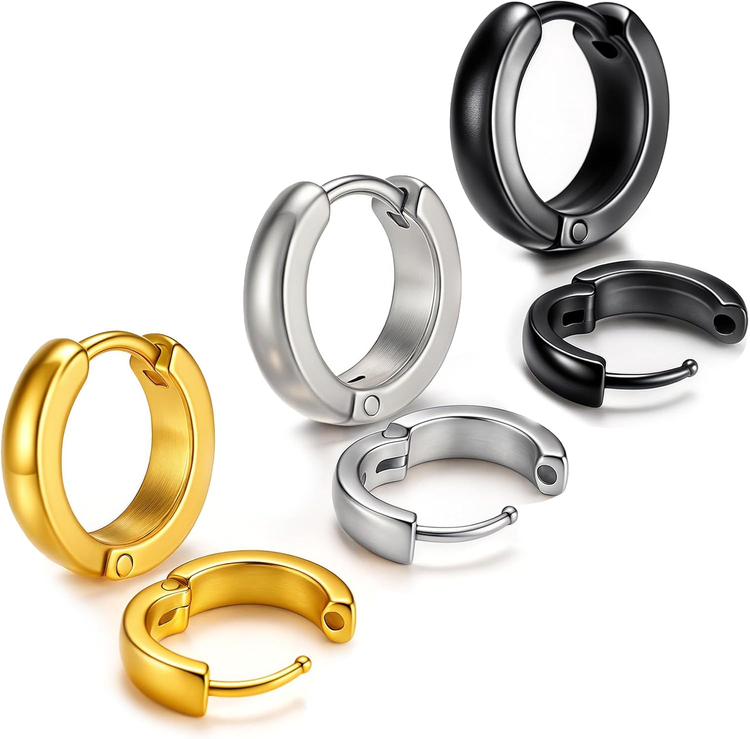 Styquenzer small hoop earrings front view showcasing gold, silver, and black finishes.