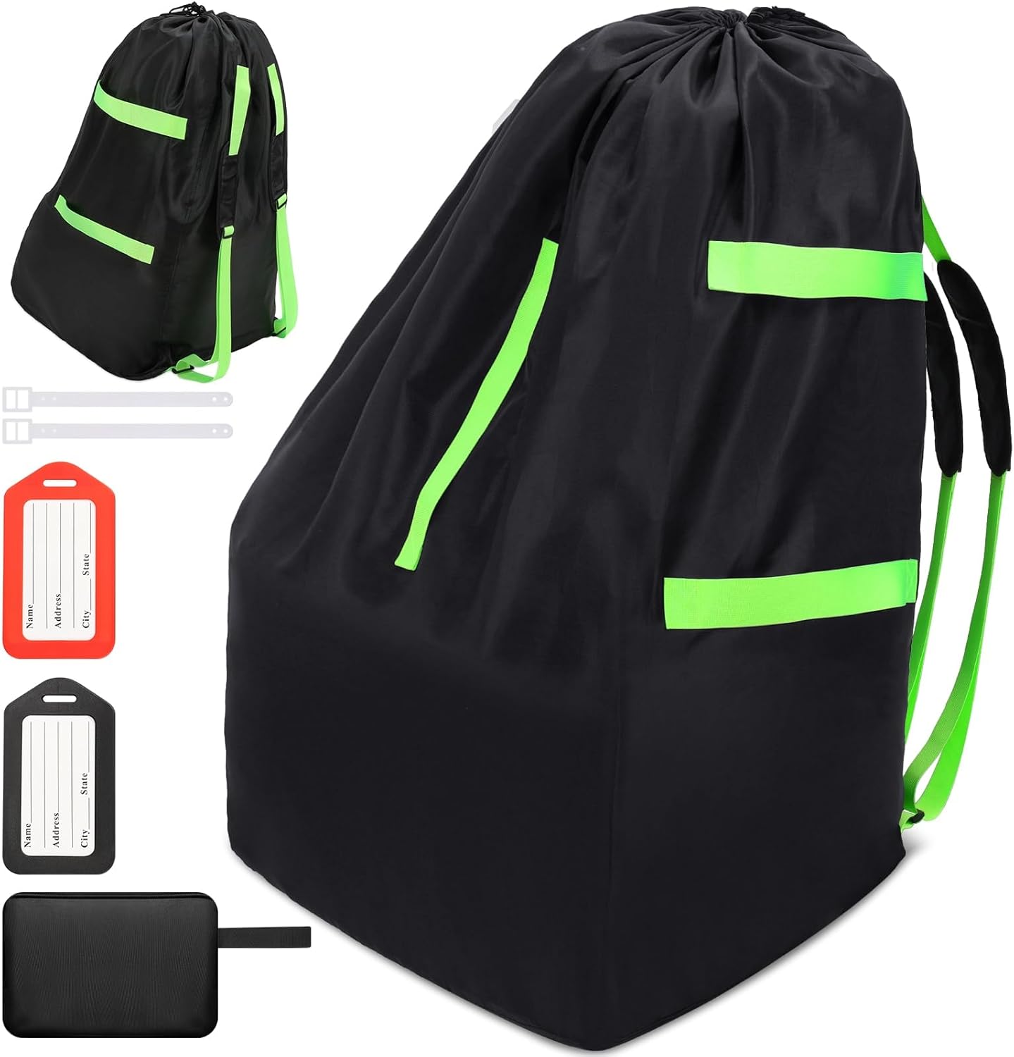 Sublaga waterproof car seat airplane travel bag front view showcasing heavy duty black oxford fabric and secure enclosure.