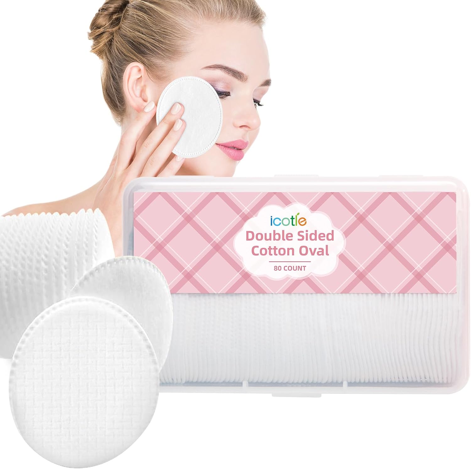 ICOTLE Large Oval Cotton Pads 80 Count pack front view for daily skincare routine.