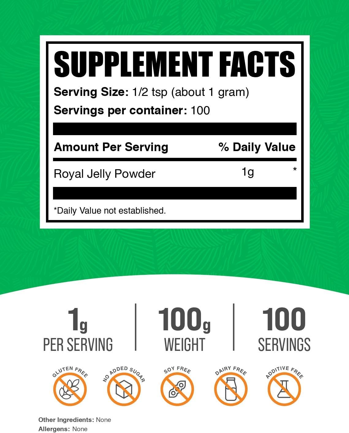 BulkSupplements Royal Jelly Powder packaging details and serving size