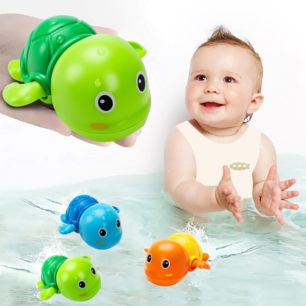 TOHIBEE swimming turtle bath toys front view displaying three colorful clockwork turtles floating in water