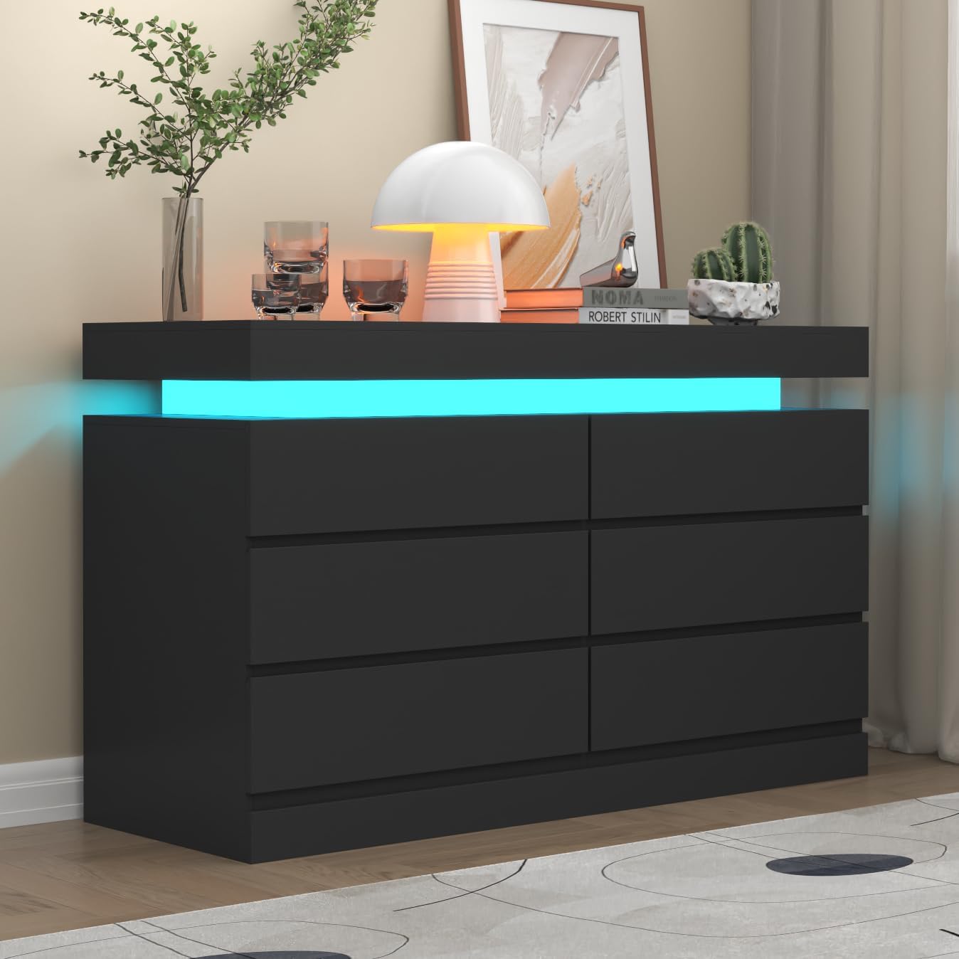 Gyfimoie 6 drawer dresser black with LED lights front view